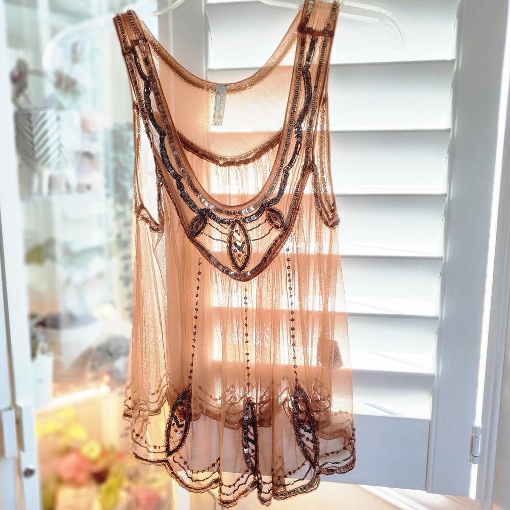 Free People Sheer Sequined Beaded Blouse